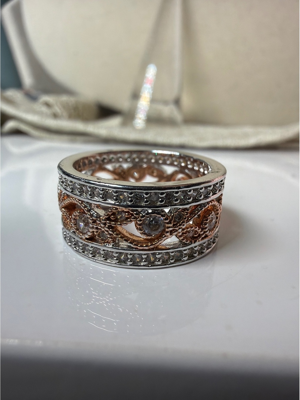 925 Sterling Silver Two Tone Rose Gold Filigree CZ Statement Ring S925